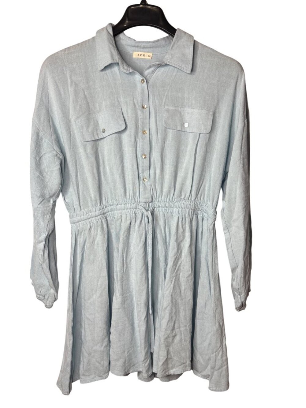 Kori Mini Shirt Dress Size L Shell Buttons 2 Pockets Elastic Waist Drawstring